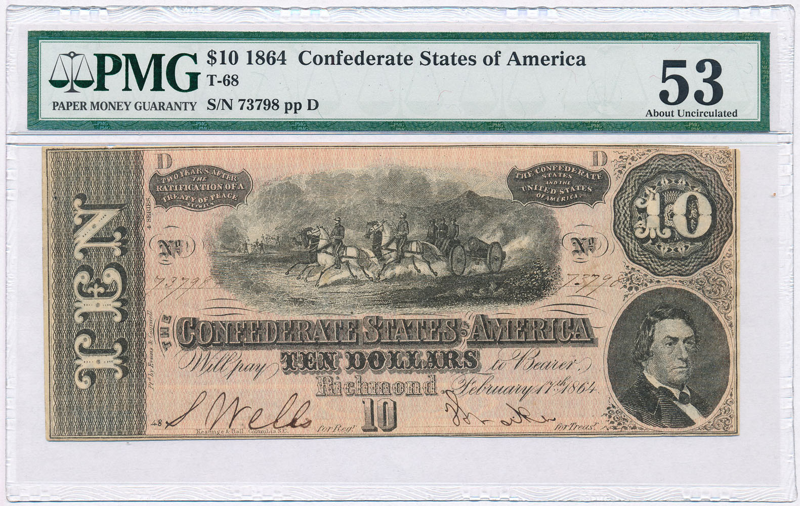 USA, Confederate States of America. 10 dolarów 1864 Richmond PMG 53